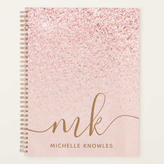 Trendy Rose Gold Glitter Fancy Initials and Name Planner (Front)