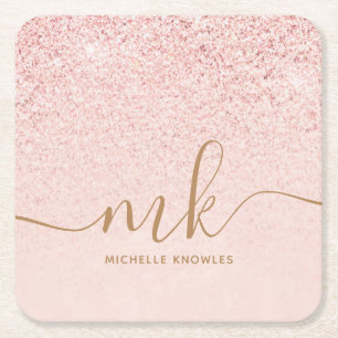 Trendy Rose Gold Glitter Fancy Initials and Name Square Paper Coaster