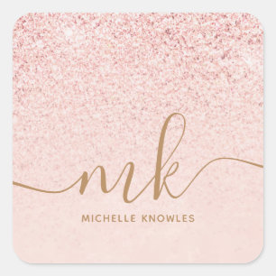 Trendy Rose Gold Glitter Fancy Initials and Name Square Sticker
