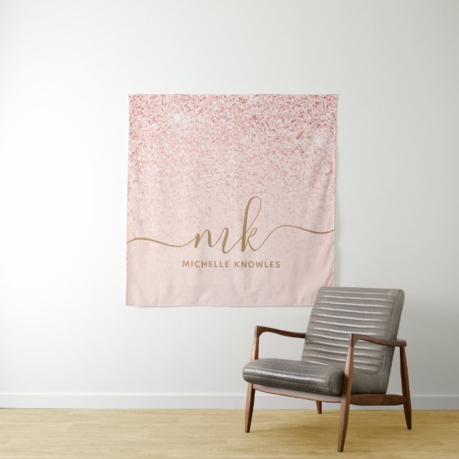 Trendy Rose Gold Glitter Fancy Initials and Name Tapestry (In Situ)