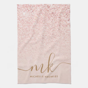Trendy Rose Gold Glitter Fancy Initials and Name Tea Towel