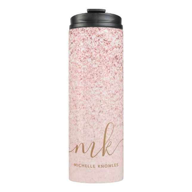 Trendy Rose Gold Glitter Fancy Initials and Name Thermal Tumbler (Front)