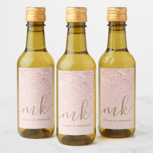 Trendy Rose Gold Glitter Fancy Initials and Name Wine Label