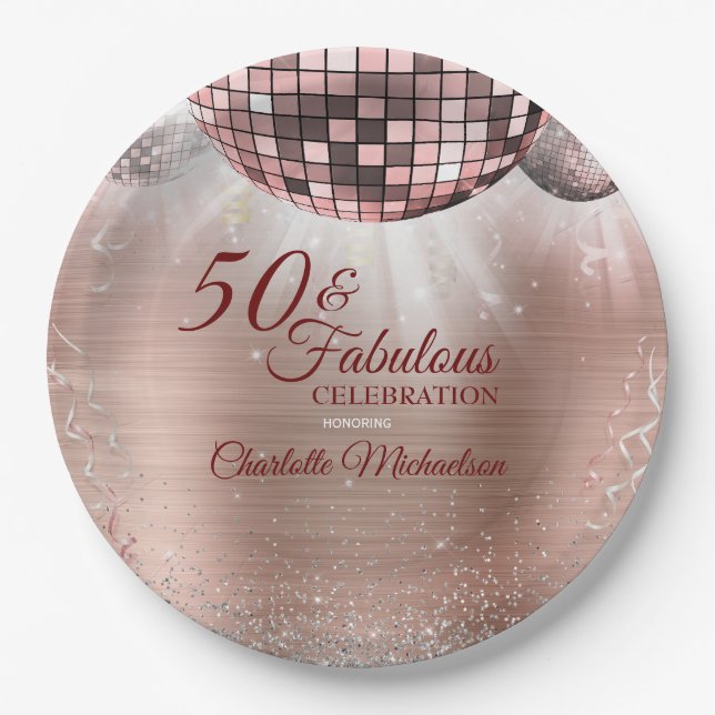 Trendy Rose Gold Glitter Glam 50 & Fabulous Disco Paper Plate (Front)