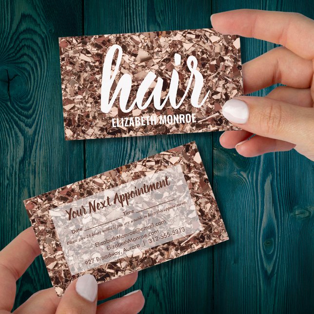 Trendy Rose Gold Glitter Hair Stylist Salon Appointment Card (Creator Uploaded)