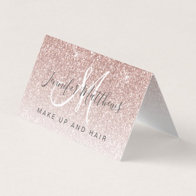 Trendy Rose Gold Glitter Makeup Artist Hair Salon Business Card (Front)