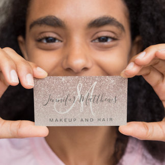 Trendy Rose Gold Glitter Makeup Artist Hair Salon Business Card