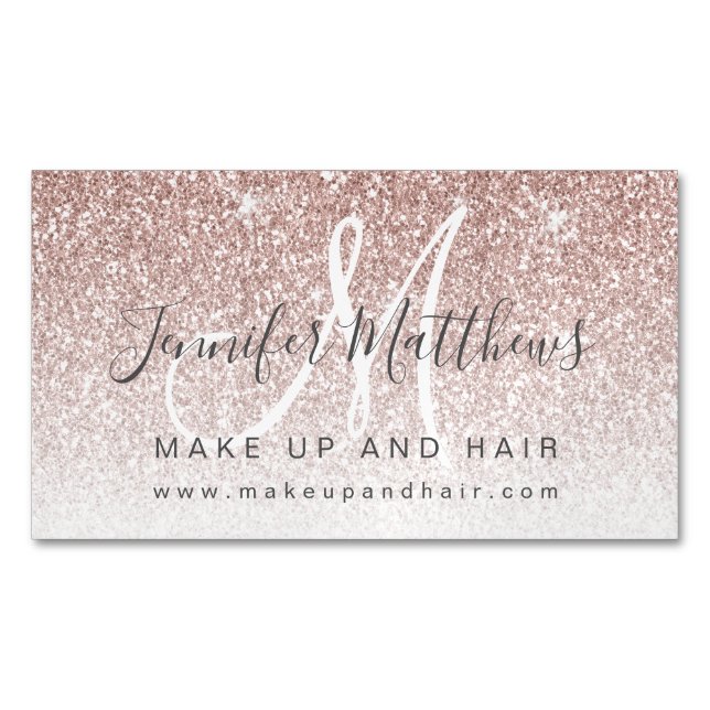 Trendy Rose Gold Glitter Makeup Artist Hair Salon Magnetic Business Card (Front)