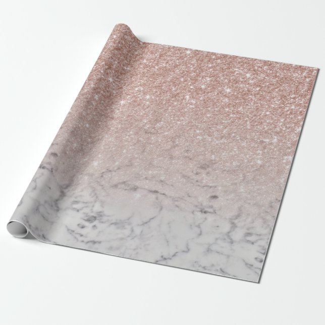 Trendy Rose Gold Glitter Ombre White Marble Wrapping Paper (Unrolled)