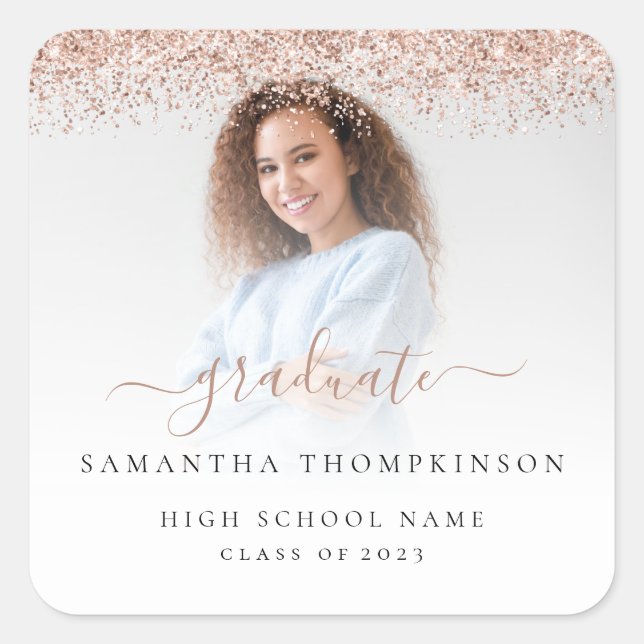 Trendy Rose Gold Glitter Photo 2024 Graduation Square Sticker (Front)