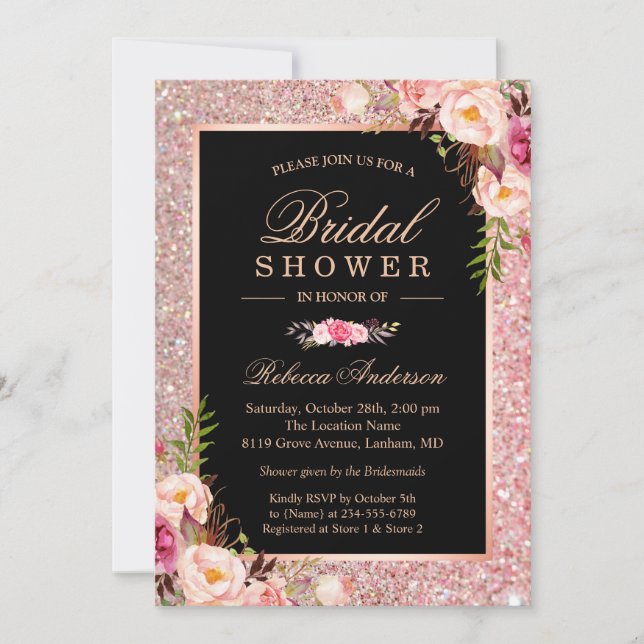 Trendy Rose Gold Glitter Pink Floral Bridal Shower Invitation (Front)