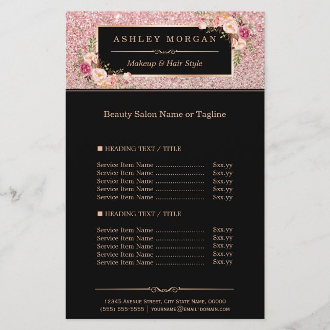 Trendy Rose Gold Glitter Sparkling Girly Floral Flyer (Front)