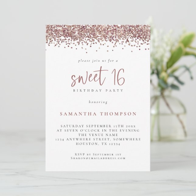 Trendy Rose Gold Glitter Sweet 16 Birthday Party Invitation (Standing Front)