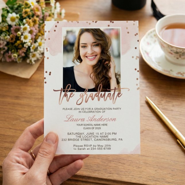 Trendy Rose Gold Graduate Photo Graduation Party Invitation (Creator Uploaded)