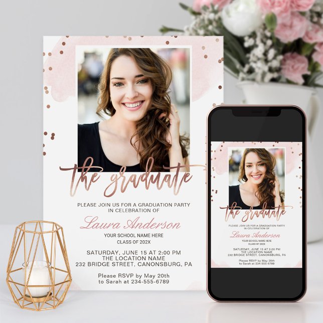 Trendy Rose Gold Graduate Photo Graduation Party Invitation (Creator Uploaded)