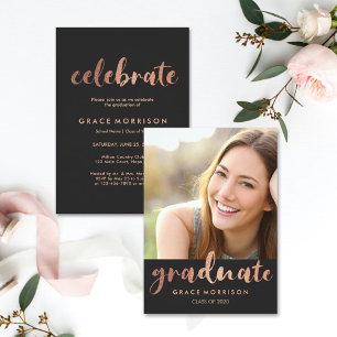 Trendy Rose Gold Graduation Party Photo Invitation