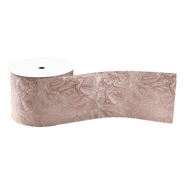 Trendy rose gold hand drawn flowers on blush pink grosgrain ribbon (Spool)