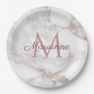 Trendy Rose Gold Marble Design Monogram Template Paper Plate