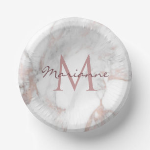 Trendy Rose Gold Marble Monogram Elegant Template Paper Plate