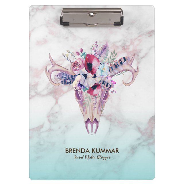 Trendy Rose-gold Marble Ombre & Boho Skull Clipboard (Front)