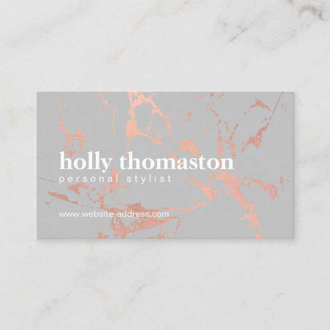 Trendy Rose Gold Marble Pattern on Grey Designer Business Card (Front)