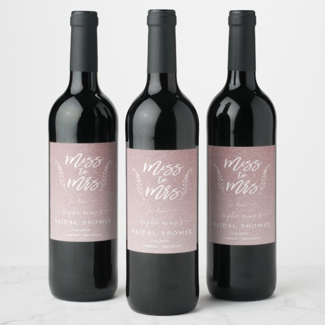 Trendy Rose Gold Miss To Mrs Bridal Shower Wine Label (Bottles)