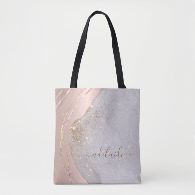 Trendy rose gold monogram signature script name tote bag (Front)