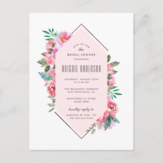 Trendy Rose Gold Pink Floral Bridal Shower Invitation Postcard (Front)