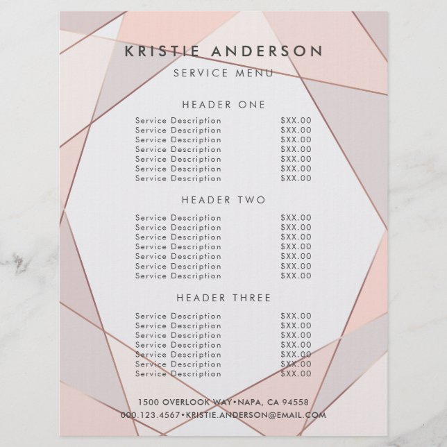 Trendy Rose Gold Pink & Taupe Pricing & Services Flyer (Front)