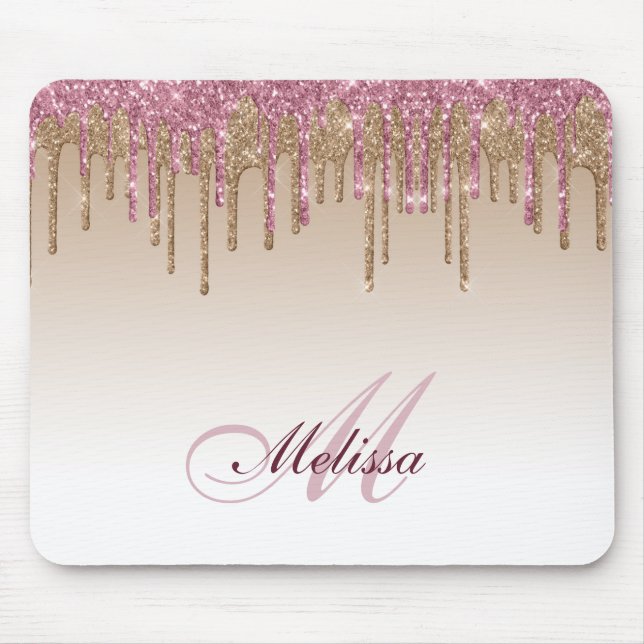 trendy rose gold purple glitter drips mouse pad (Front)