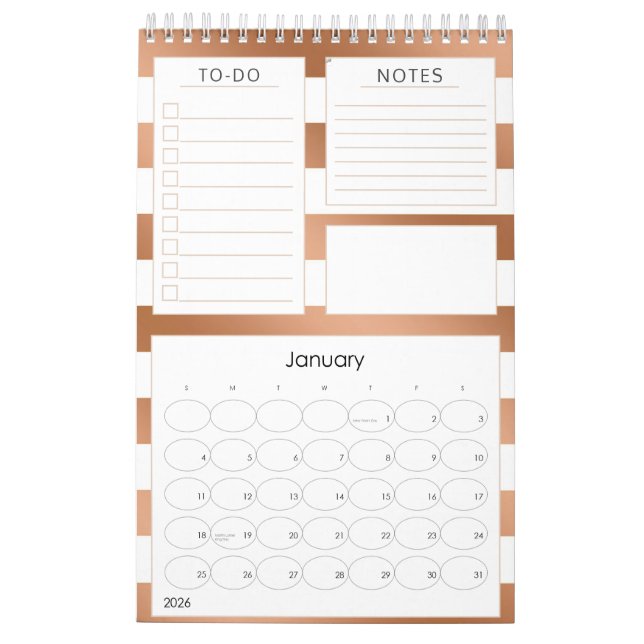 Trendy Rose Gold Stripes Yearly Monthly Planner Calendar (Jan 2026)