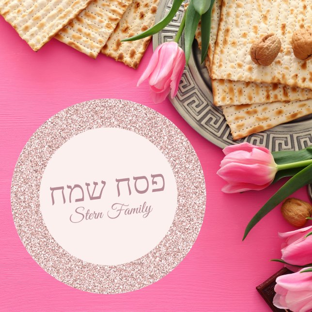 Trendy Rose Pink Glitter Hebrew Passover Pesach Classic Round Sticker (Creator Uploaded)