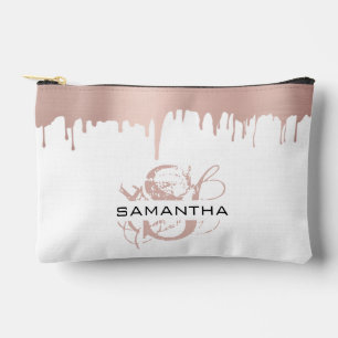 Trendy Rose Pink Gold Metallic Drips Monogram Accessory Pouch