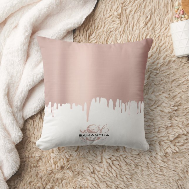 Trendy Rose Pink Gold Metallic Drips Monogram Cushion (Blanket)