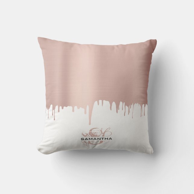 Trendy Rose Pink Gold Metallic Drips Monogram Cushion (Front)