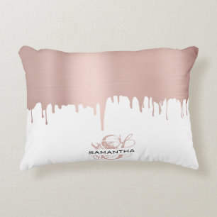 Trendy Rose Pink Gold Metallic Drips Monogram Decorative Cushion