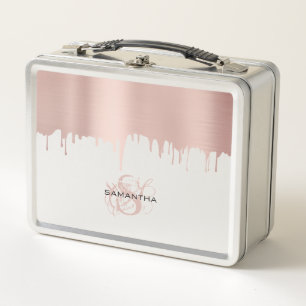 Trendy Rose Pink Gold Metallic Drips Monogram Metal Lunch Box