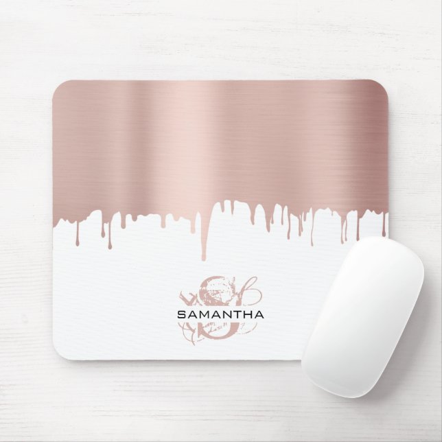 Trendy Rose Pink Gold Metallic Drips Monogram Mouse Pad (With Mouse)