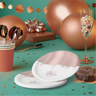 Trendy Rose Pink Gold Metallic Drips Monogram Paper Plate