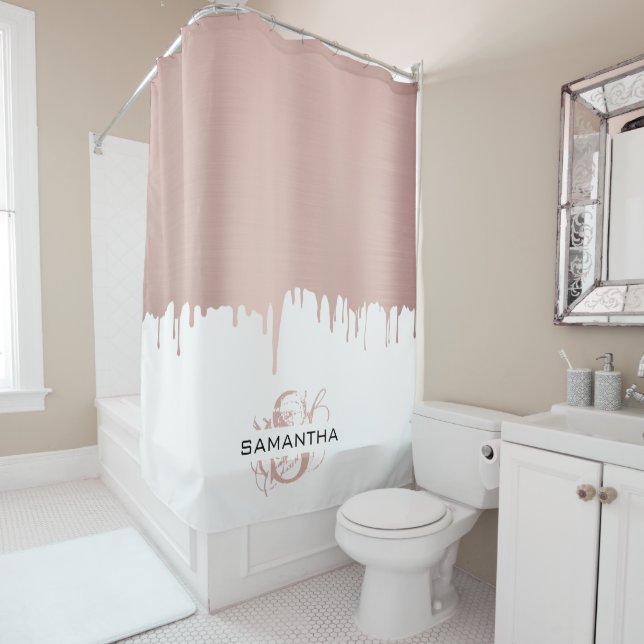 Trendy Rose Pink Gold Metallic Drips Monogram Shower Curtain (In Situ)