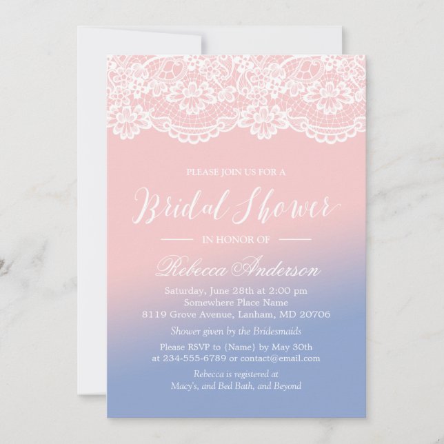 Trendy Rose Quartz Serenity Lace Bridal Shower Invitation (Front)