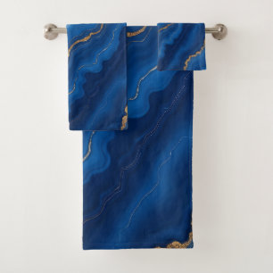 Trendy Royal Blue Gold Marble Collection Bath Towel Set