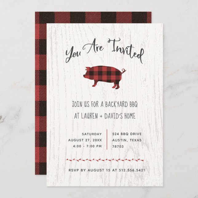 Trendy Rustic BBQ or Party | Red Buffalo Plaid Invitation (Front/Back)