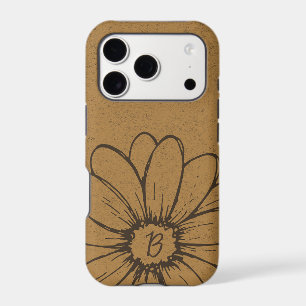 Trendy Rustic Beige Daisy Flower Drawing Monogram