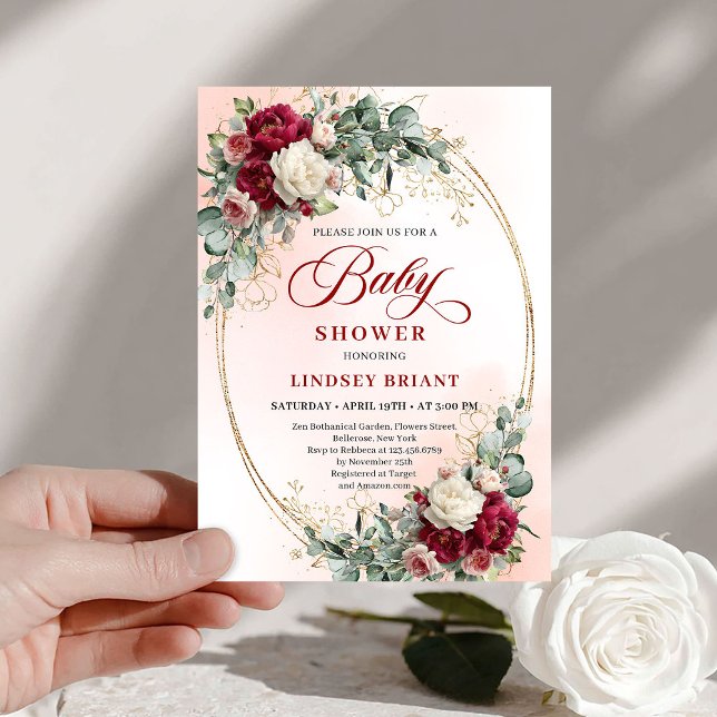 Trendy Rustic Burgundy Gold Baby Shower Invitation (Trendy Rustic Burgundy Gold Baby Shower Invitation)