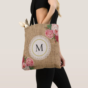 Trendy Rustic Burlap Vintage Floral Lace Monogram Tote Bag