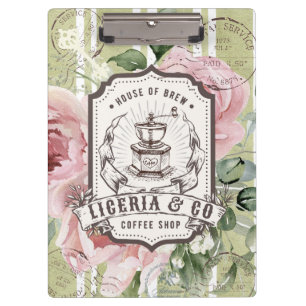 Trendy rustic vintage coffee logo with floral Pink Clipboard