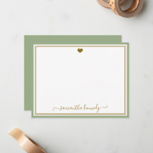 Trendy Sage Green  And Gold Heart Custom Name Card