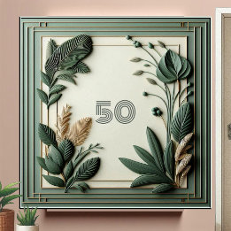 Trendy Sage Green Art Deco Leaves Botanical Number Tile
