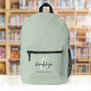 Trendy Sage Green Black White Monogram Name Printed Backpack